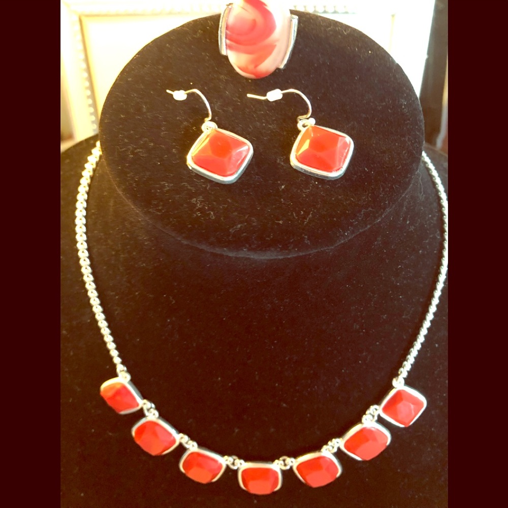 Bundle of red statement necklace earrings ring